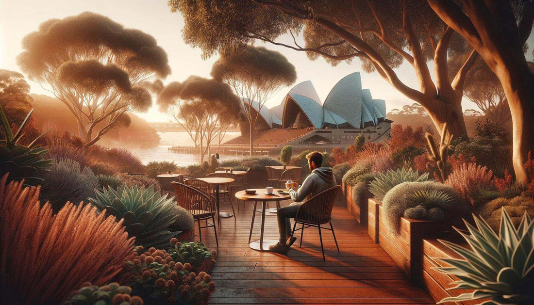 An image of an Australian person drinking some of our finest coffee beans in front of the Sydney Opera House.