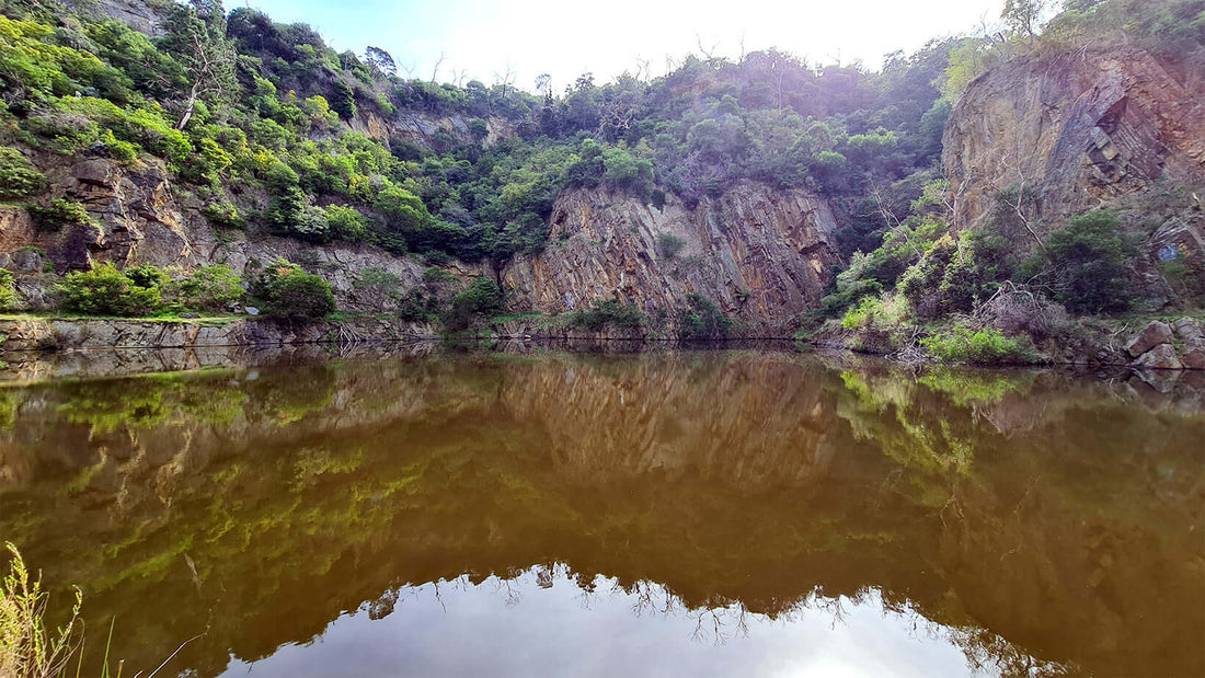 Lush green cliffside reflected in still water, natural landscape near Dancing Goat Coffee Roasters Australia