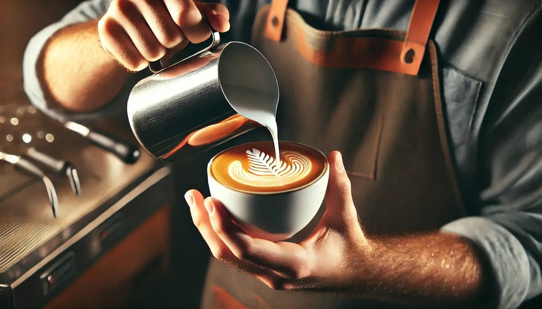 Milk being poured into a Dancing Goat coffee, probably