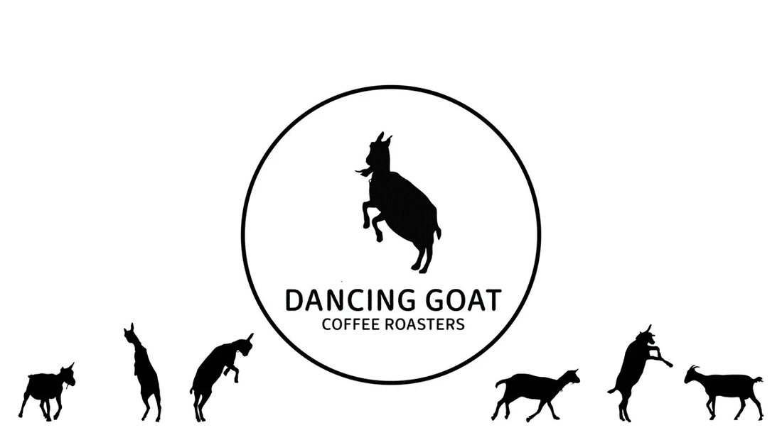 Dancing Goat Coffee Roasters logo with black goat silhouettes in various poses on white background